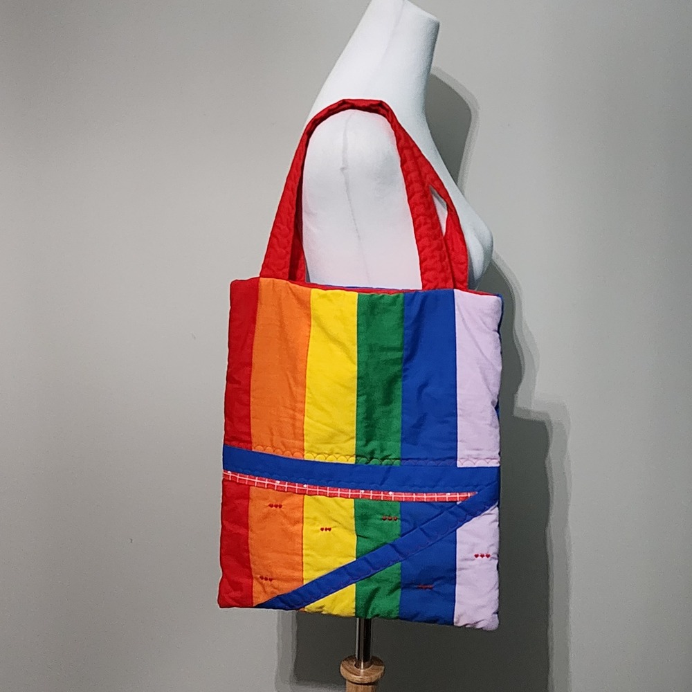 Handmade Quilted Tote Bag Rainbow Brite Colorful Kidcore Heart Patchwork Cotton
